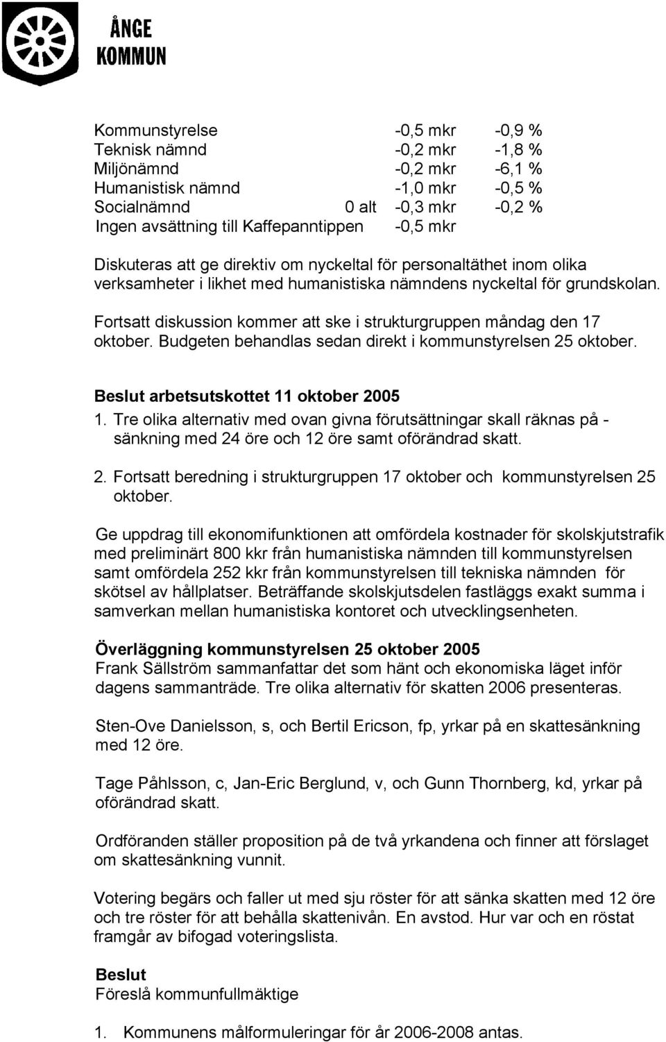 Fortsatt diskussion kommer att ske i strukturgruppen måndag den 17 oktober. Budgeten behandlas sedan direkt i kommunstyrelsen 25 oktober. arbetsutskottet 11 oktober 2005 1.