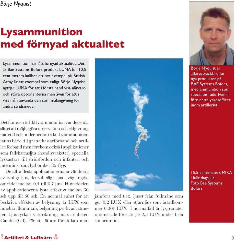 stridsmedel. Börje Nyquist är affärsutvecklare för nya produkter på BAE Systems Bofors, med ammunition som specialområde. Han är före detta yrkesofficer inom artilleriet.