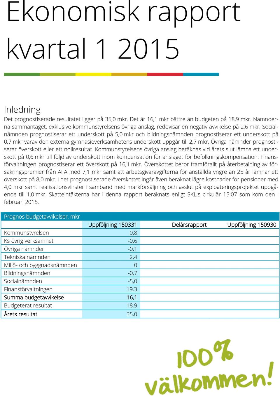 Socialnämnden prognostiserar ett underskott på 5,0 mkr och bildningsnämnden prognostiserar ett underskott på 0,7 mkr varav den externa gymnasieverksamhetens underskott uppgår till 2,7 mkr.