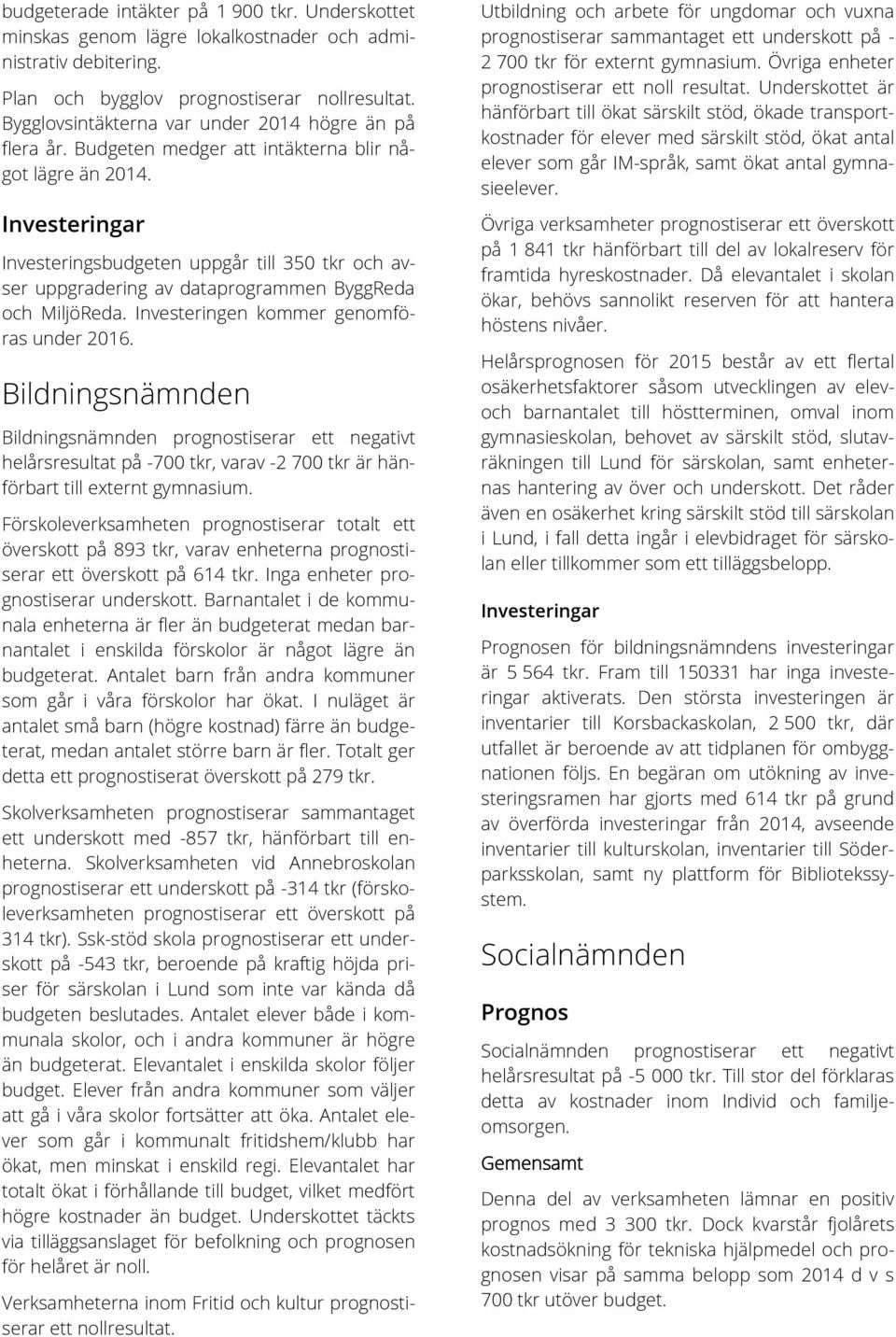 Investeringar Investeringsbudgeten uppgår till 350 tkr och avser uppgradering av dataprogrammen ByggReda och MiljöReda. Investeringen kommer genomföras under 2016.