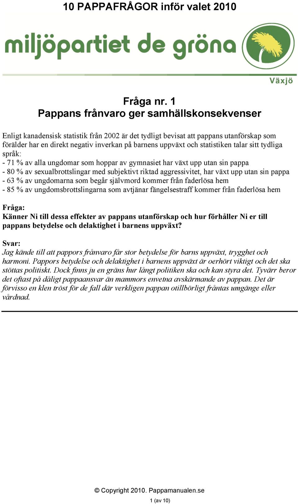 statistiken talar sitt tydliga språk: - 71 % av alla ungdomar som hoppar av gymnasiet har växt upp utan sin pappa - 80 % av sexualbrottslingar med subjektivt riktad aggressivitet, har växt upp utan