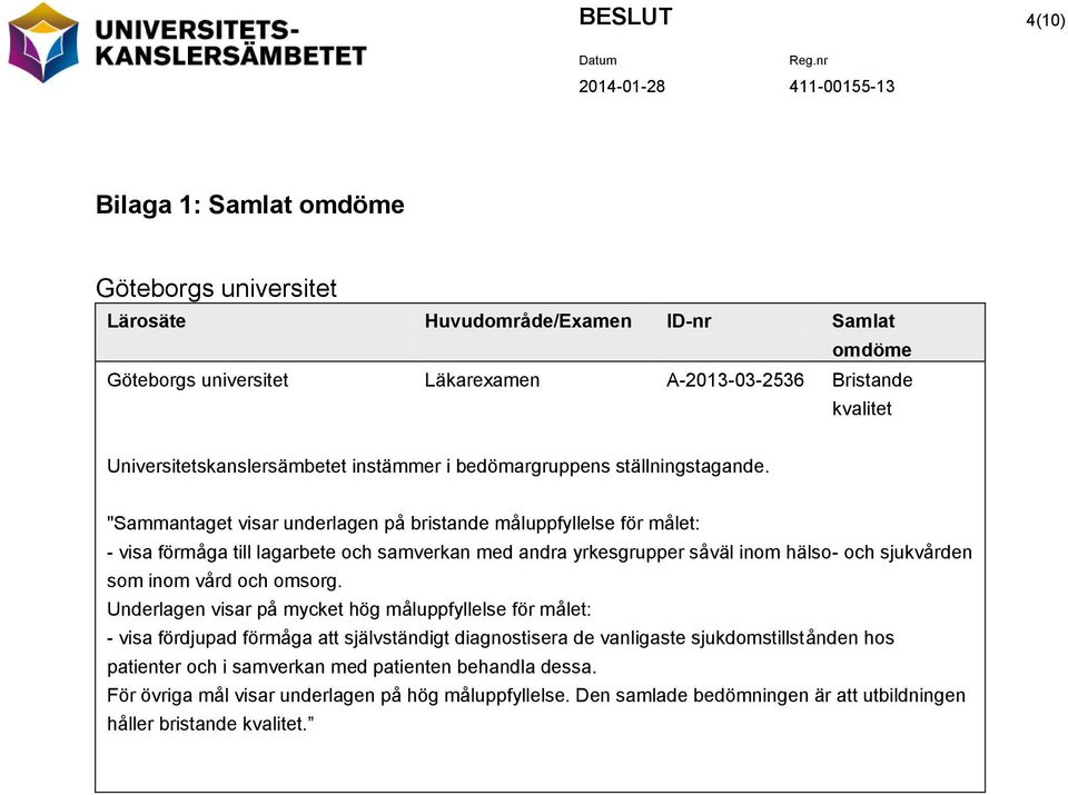 "Sammantaget visar underlagen på bristande måluppfyllelse för målet: - visa förmåga till lagarbete och samverkan med andra yrkesgrupper såväl inom hälso- och sjukvården som inom vård och omsorg.