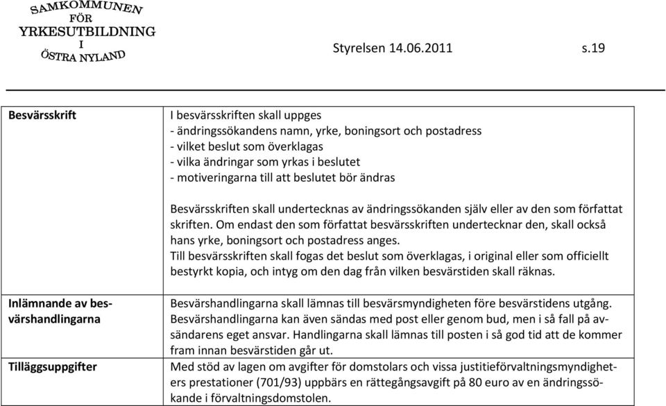 beslutet bör ändras Besvärsskriften skall undertecknas av ändringssökanden själv eller av den som författat skriften.