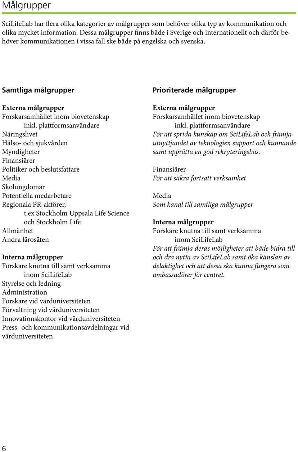 Samtliga målgrupper Externa målgrupper Forskarsamhället inom biovetenskap inkl.