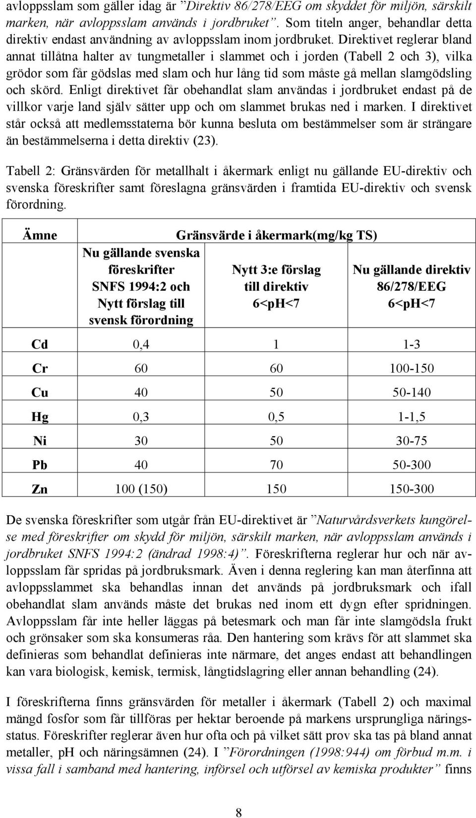 Direktivet reglerar bland annat tillåtna halter av tungmetaller i slammet och i jorden (Tabell 2 och 3), vilka grödor som får gödslas med slam och hur lång tid som måste gå mellan slamgödsling och