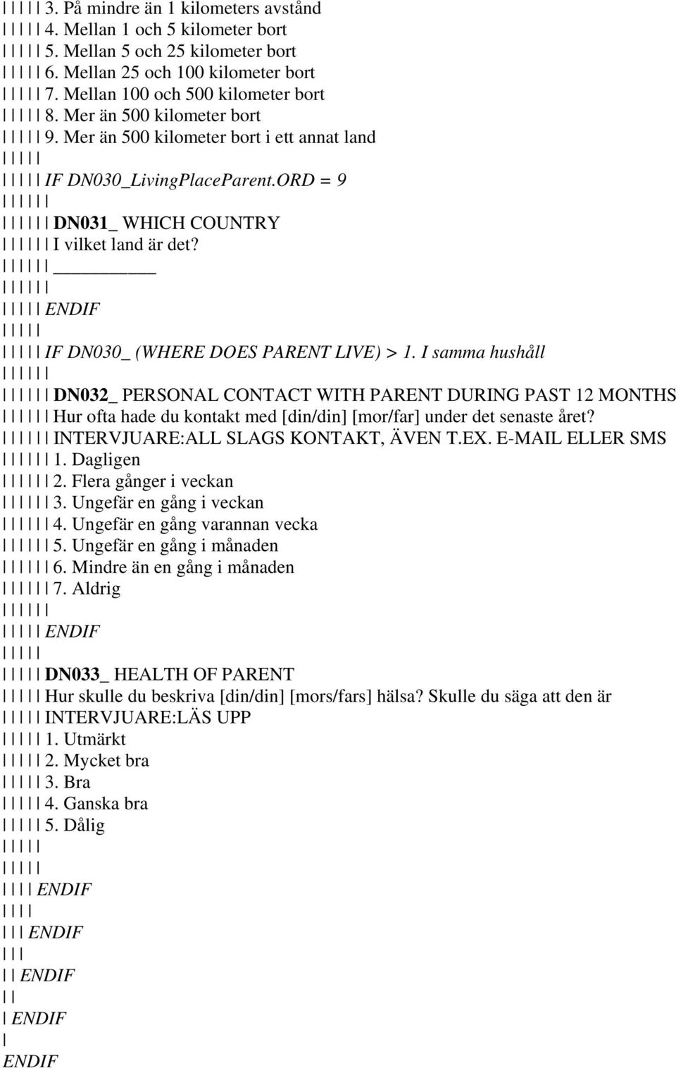 I samma hushåll DN032_ PERSONAL CONTACT WITH PARENT DURING PAST 12 MONTHS Hur ofta hade du kontakt med [din/din] [mor/far] under det senaste året? INTERVJUARE:ALL SLAGS KONTAKT, ÄVEN T.EX.