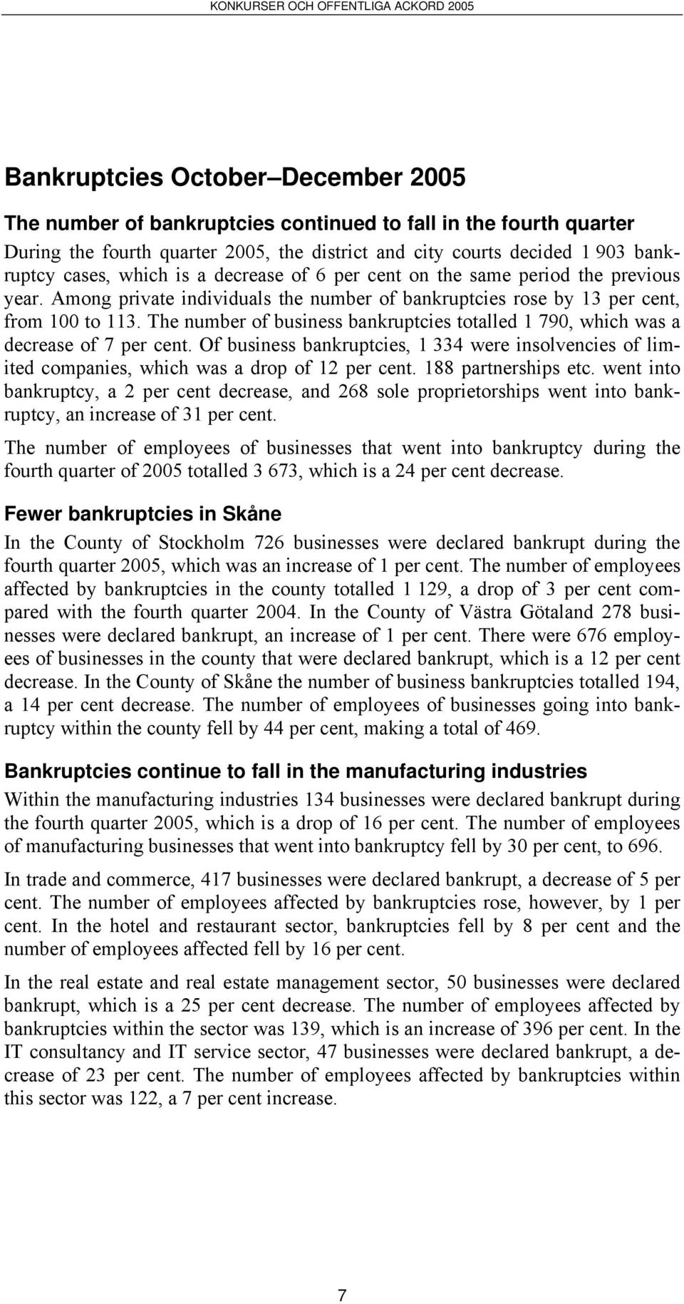 The number of business bankruptcies totalled 1 790, which was a decrease of 7 per cent. Of business bankruptcies, 1 334 were insolvencies of limited companies, which was a drop of 12 per cent.