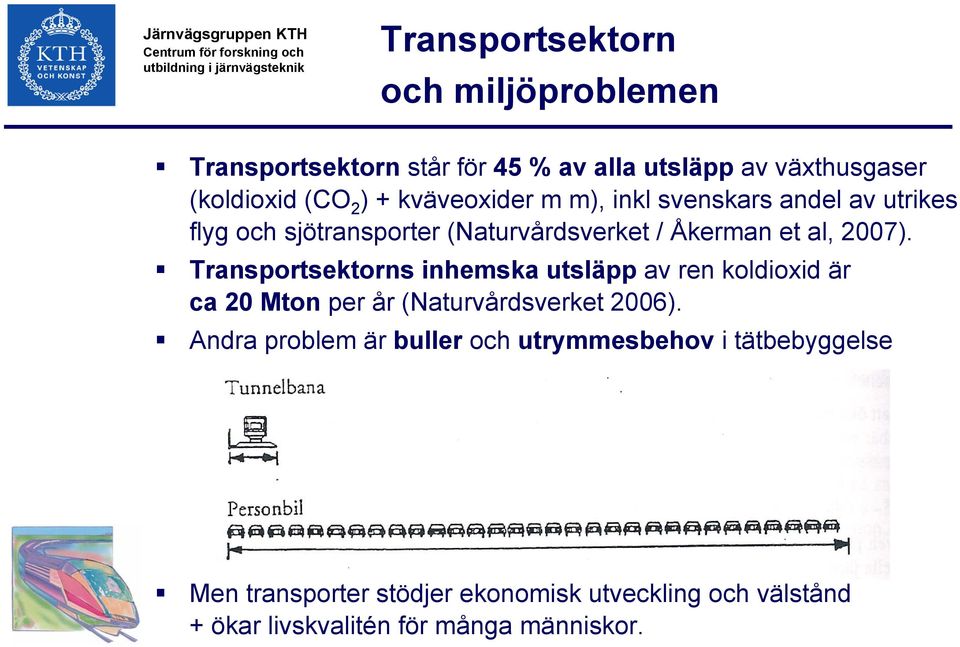 Transportsektorns inhemska utsläpp av ren koldioxid är ca 20 Mton per år (Naturvårdsverket 2006).