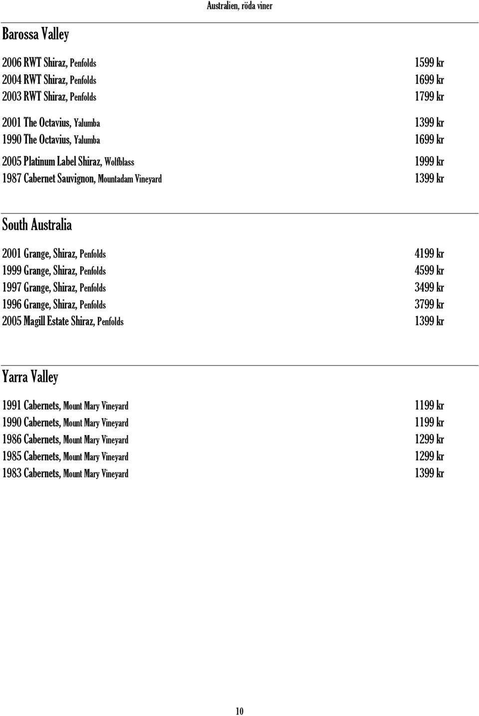 Grange, Shiraz, Penfolds 4599 kr 1997 Grange, Shiraz, Penfolds 3499 kr 1996 Grange, Shiraz, Penfolds 3799 kr 2005 Magill Estate Shiraz, Penfolds 1399 kr Yarra Valley 1991 Cabernets, Mount