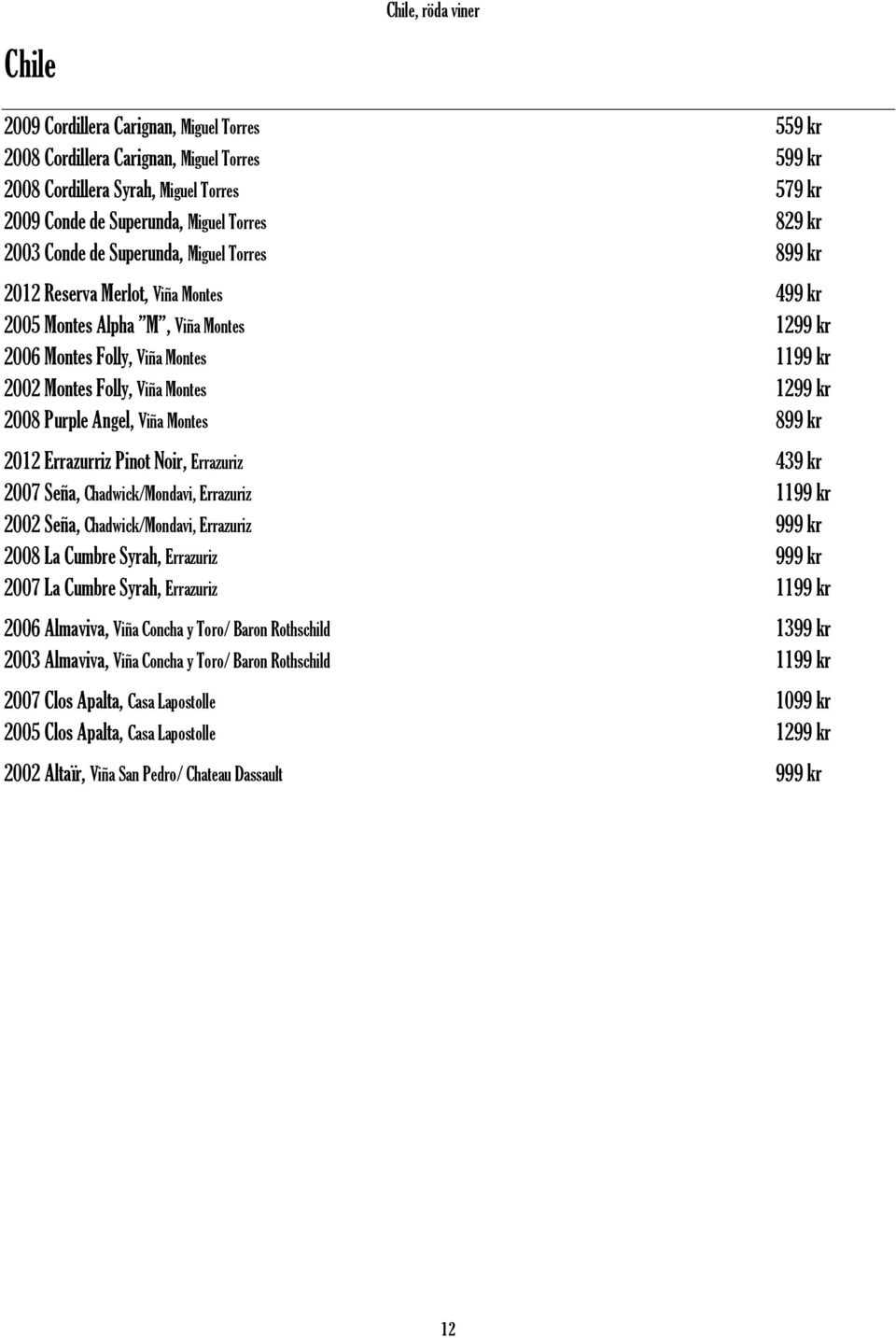 ViЯa Montes 1299 kr 2008 Purple Angel, ViЯa Montes 899 kr 2012 Errazurriz Pinot Noir, Errazuriz 439 kr 2007 SeЯa, Chadwick/Mondavi, Errazuriz 1199 kr 2002 SeЯa, Chadwick/Mondavi, Errazuriz 999 kr
