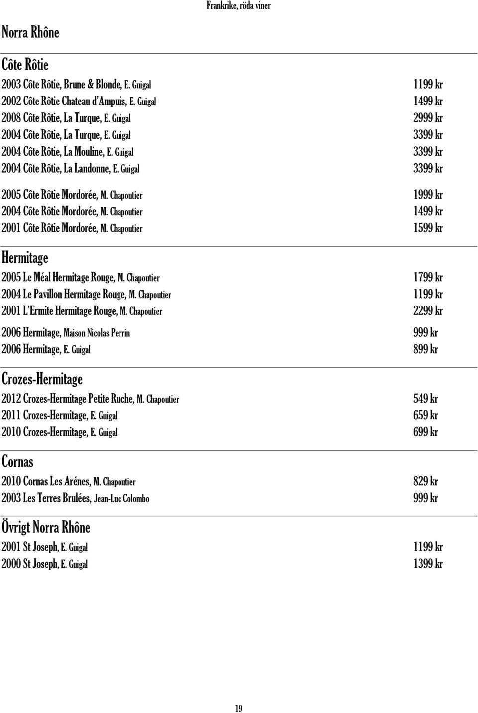 Chapoutier 1999 kr 2004 CТte RТtie MordorИe, M. Chapoutier 1499 kr 2001 CТte RТtie MordorИe, M. Chapoutier 1599 kr Hermitage 2005 Le MИal Hermitage Rouge, M.