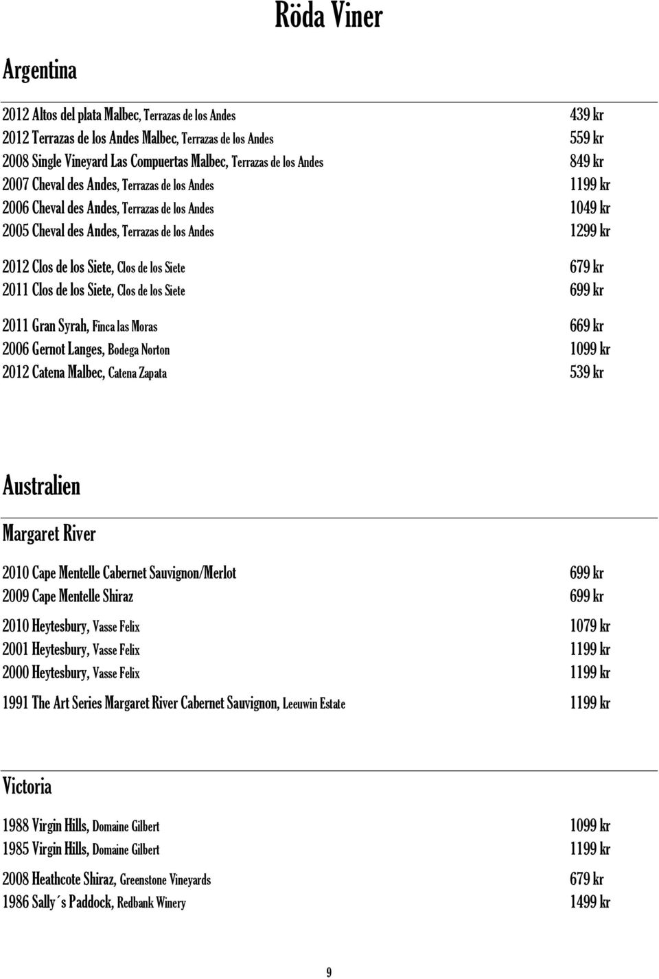 Clos de los Siete 679 kr 2011 Clos de los Siete, Clos de los Siete 699 kr 2011 Gran Syrah, Finca las Moras 669 kr 2006 Gernot Langes, Bodega Norton 1099 kr 2012 Catena Malbec, Catena Zapata 539 kr