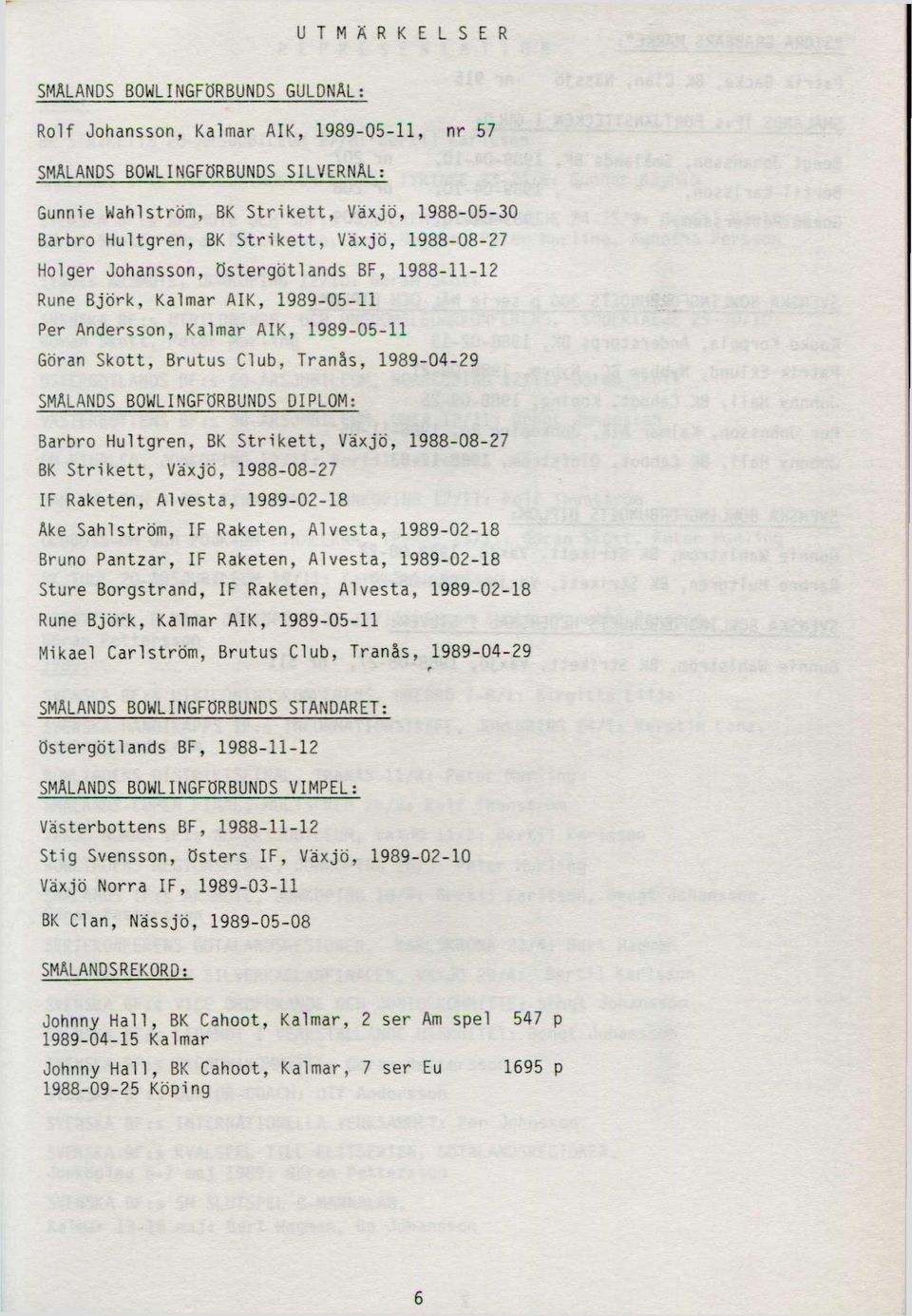 1989-04-29 SMÅLANDS BOWLINGFÖRBUNDS DIPLOM: Barbro Hultgren, BK Strikett, Växjö, 1988-08-27 BK Strikett, Växjö, 1988-08-27 IF Raketen, Alvesta, 1989-02-18 Åke Sahlström, IF Raketen, Alvesta,