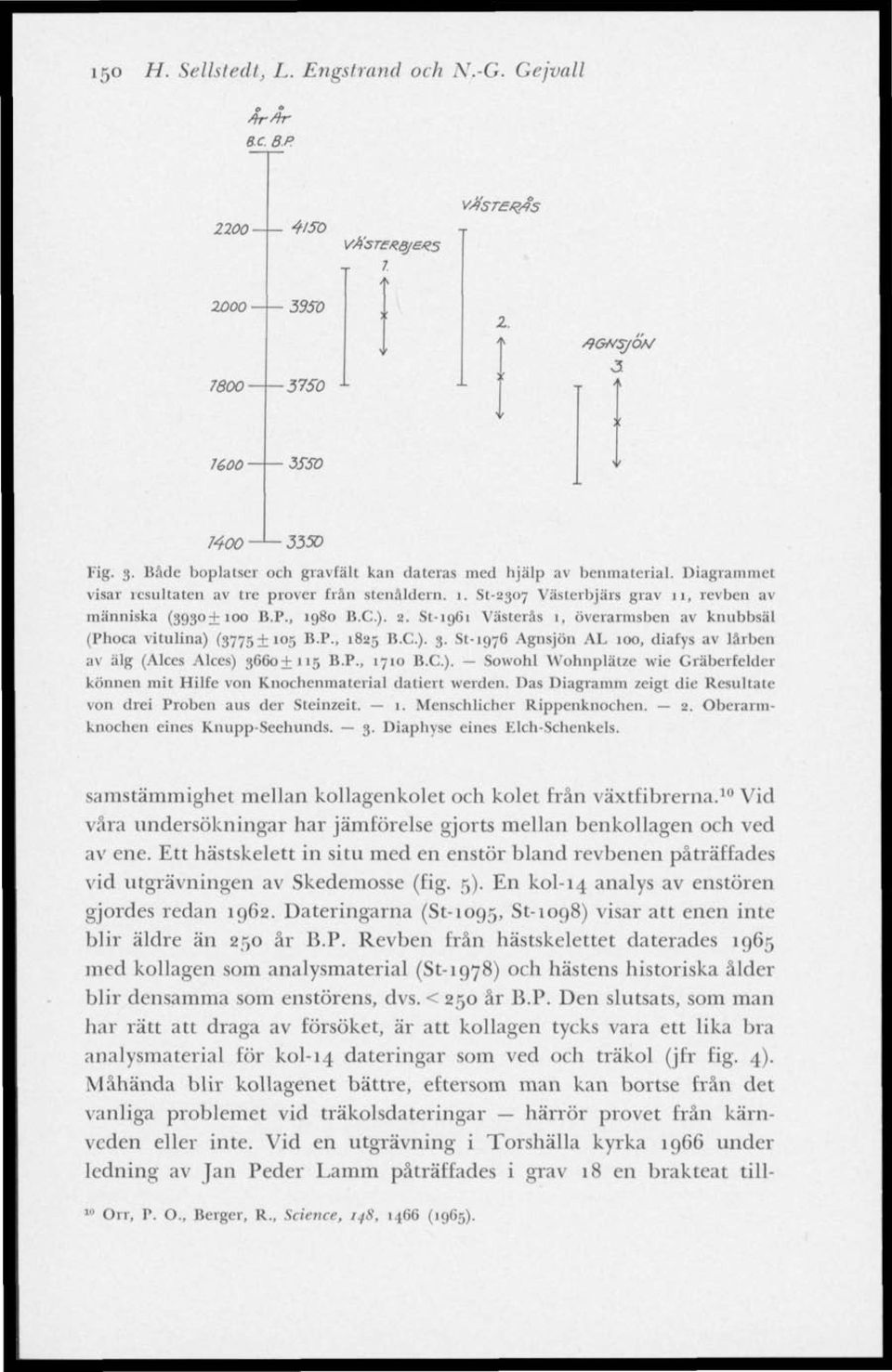 St-1961 Västerås 1, överarmsben av knubbsäl (Phoca vitulina) (37751105 B.P., 1825 B.C.). 3. St-1976 Agnsjön AL 100, diafys av lärben av älg (Alces Alces) 3660I115 B.P., 1710 B.C.). Sowohl Wohnplätze wie Gräberfelder können mit Hilfe von Knochenmaterial datiert werden.