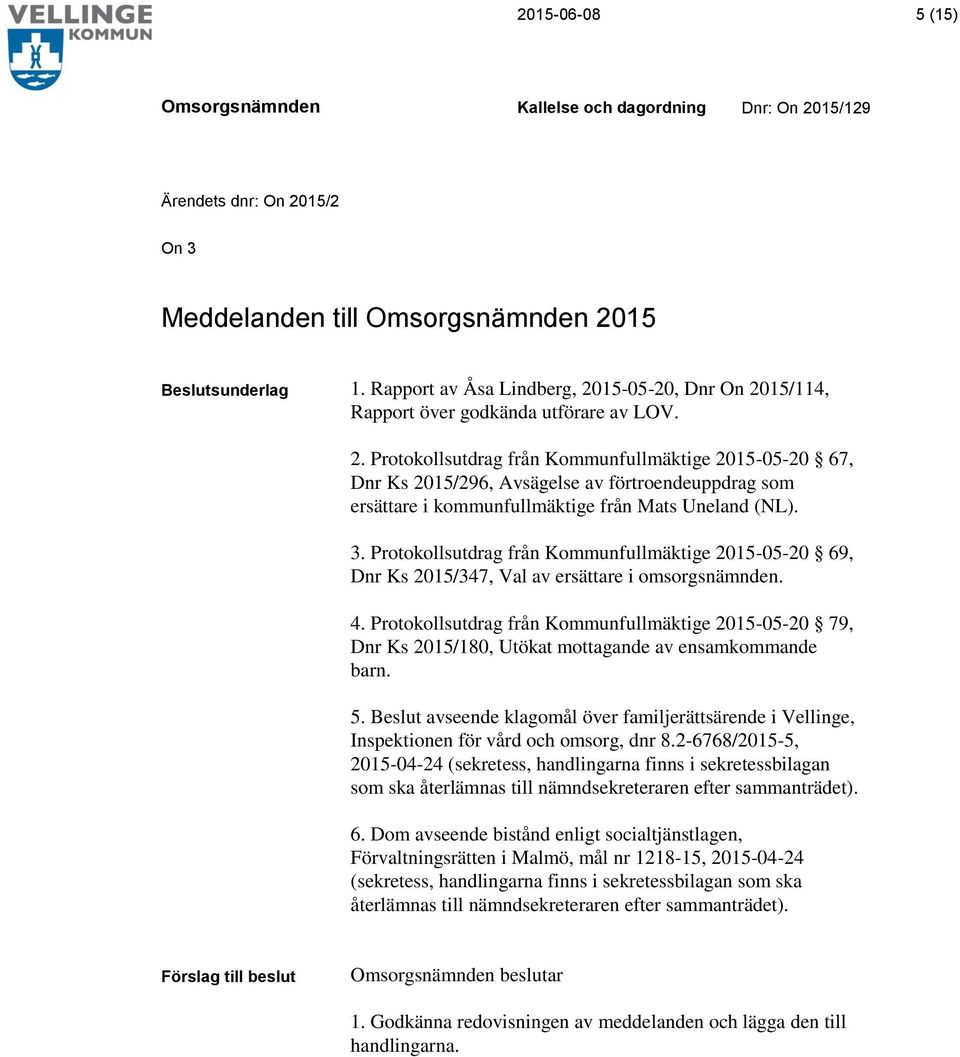 Protokollsutdrag från Kommunfullmäktige 2015-05-20 79, Dnr Ks 2015/180, Utökat mottagande av ensamkommande barn. 5.