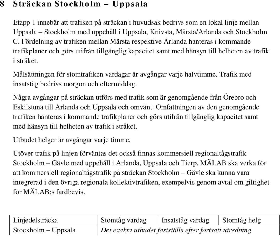 Målsättningen för stomtrafiken vardagar är avgångar varje halvtimme. Trafik med insatståg bedrivs morgon och eftermiddag.