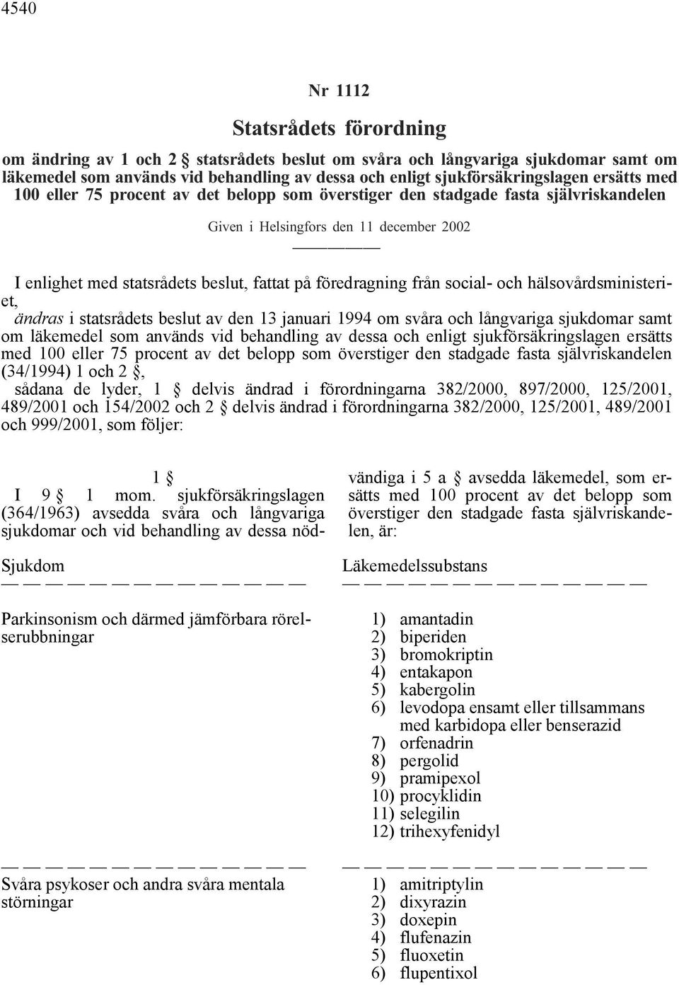 och hälsovårdsministeriet, ändras i statsrådets beslut av den 13 januari 1994 om svåra och långvariga sjukdomar samt om läkemedel som används vid behandling av dessa och enligt sjukförsäkringslagen