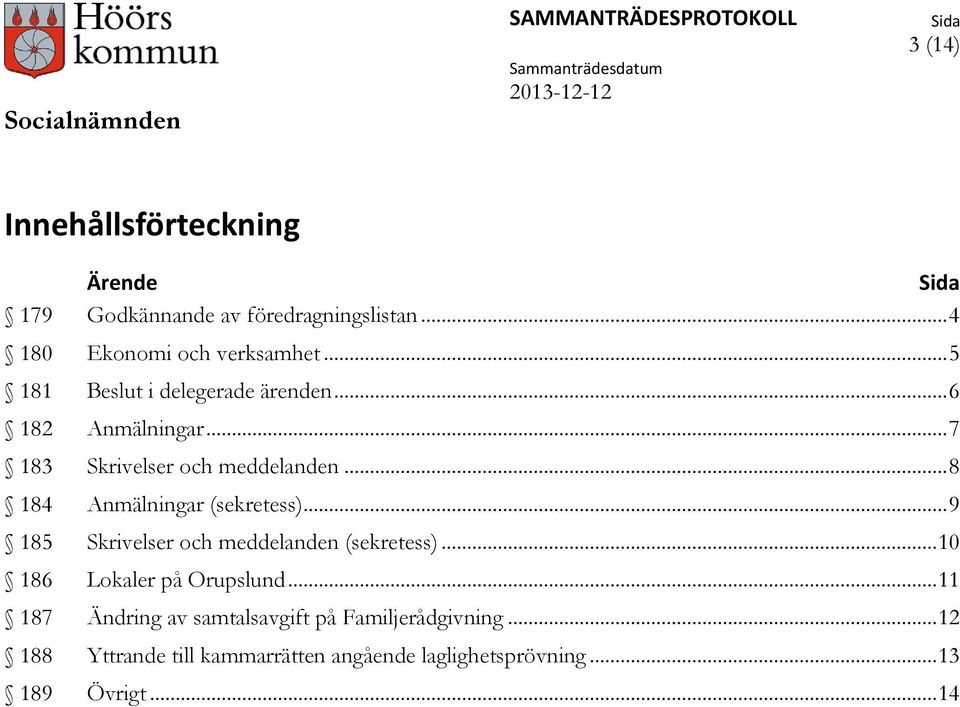 .. 8 184 Anmälningar (sekretess)... 9 185 Skrivelser och meddelanden (sekretess)... 10 186 Lokaler på Orupslund.