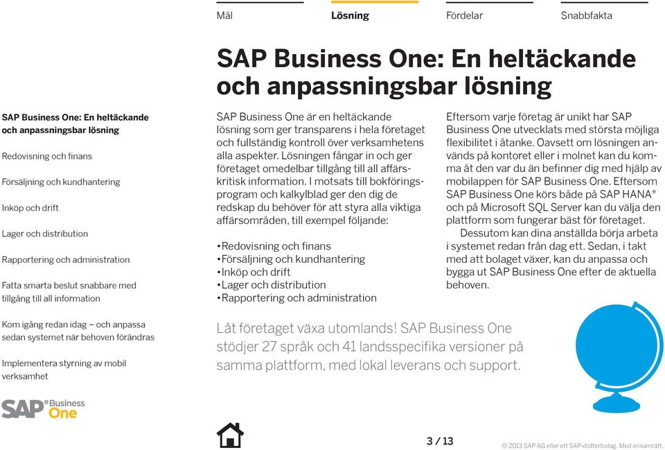 I motsats till bokföringsprogram och kalkylblad ger den dig de redskap du behöver för att styra alla viktiga affärsområden, till exempel följande: Eftersom varje företag är unikt har SAP Business One