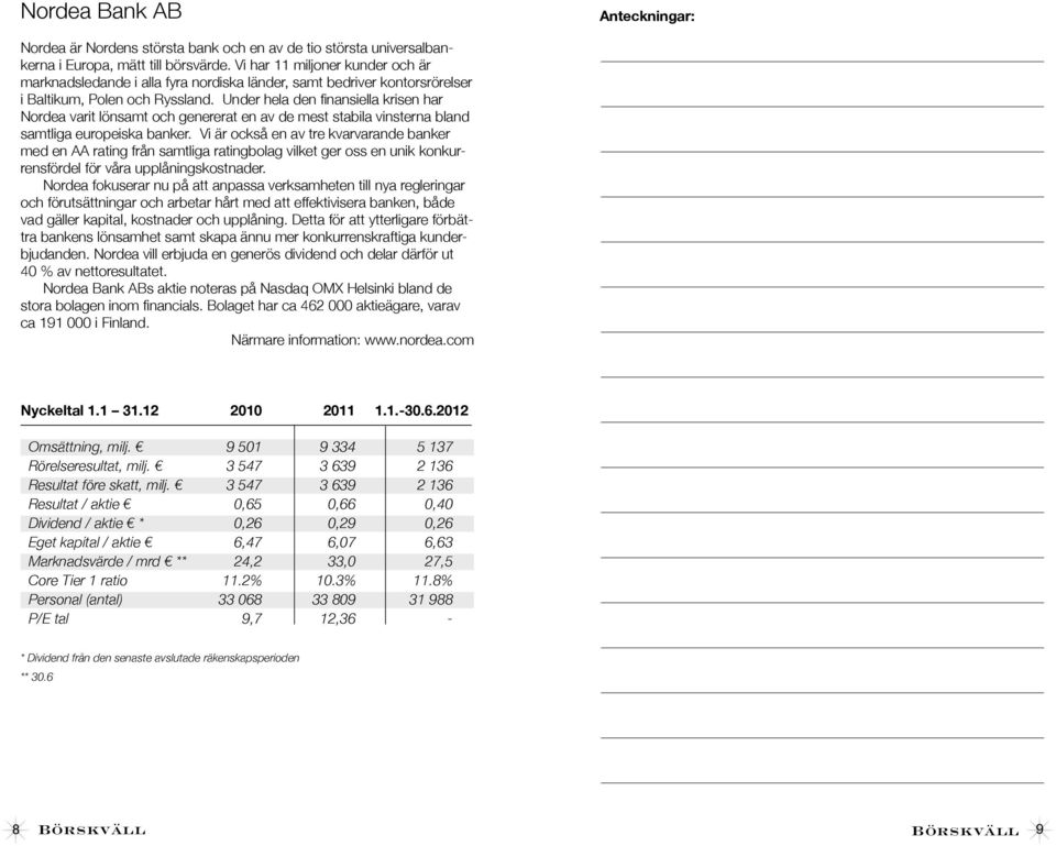 Under hela den finansiella krisen har Nordea varit lönsamt och genererat en av de mest stabila vinsterna bland samtliga europeiska banker.