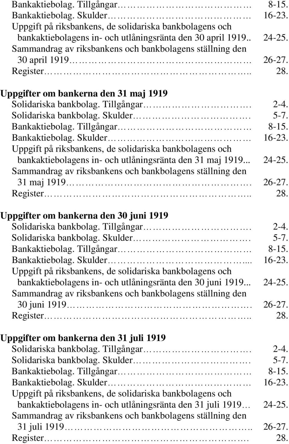 5-7. Bankaktiebolag. Tillgångar 8-15. Bankaktiebolag. Skulder 16-23. Uppgift på riksbankens, de solidariska bankbolagens och bankaktiebolagens in- och utlåningsränta den 31 maj 1919... 24-25.