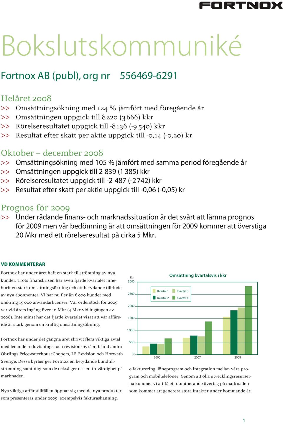 uppgick till 2 839 (1 385) kkr >> Rörelseresultatet uppgick till -2 487 (-2742) kkr >> Resultat efter skatt per aktie uppgick till -0,06 (-0,05) kr Prognos för 2009 >> Under rådande finans- och