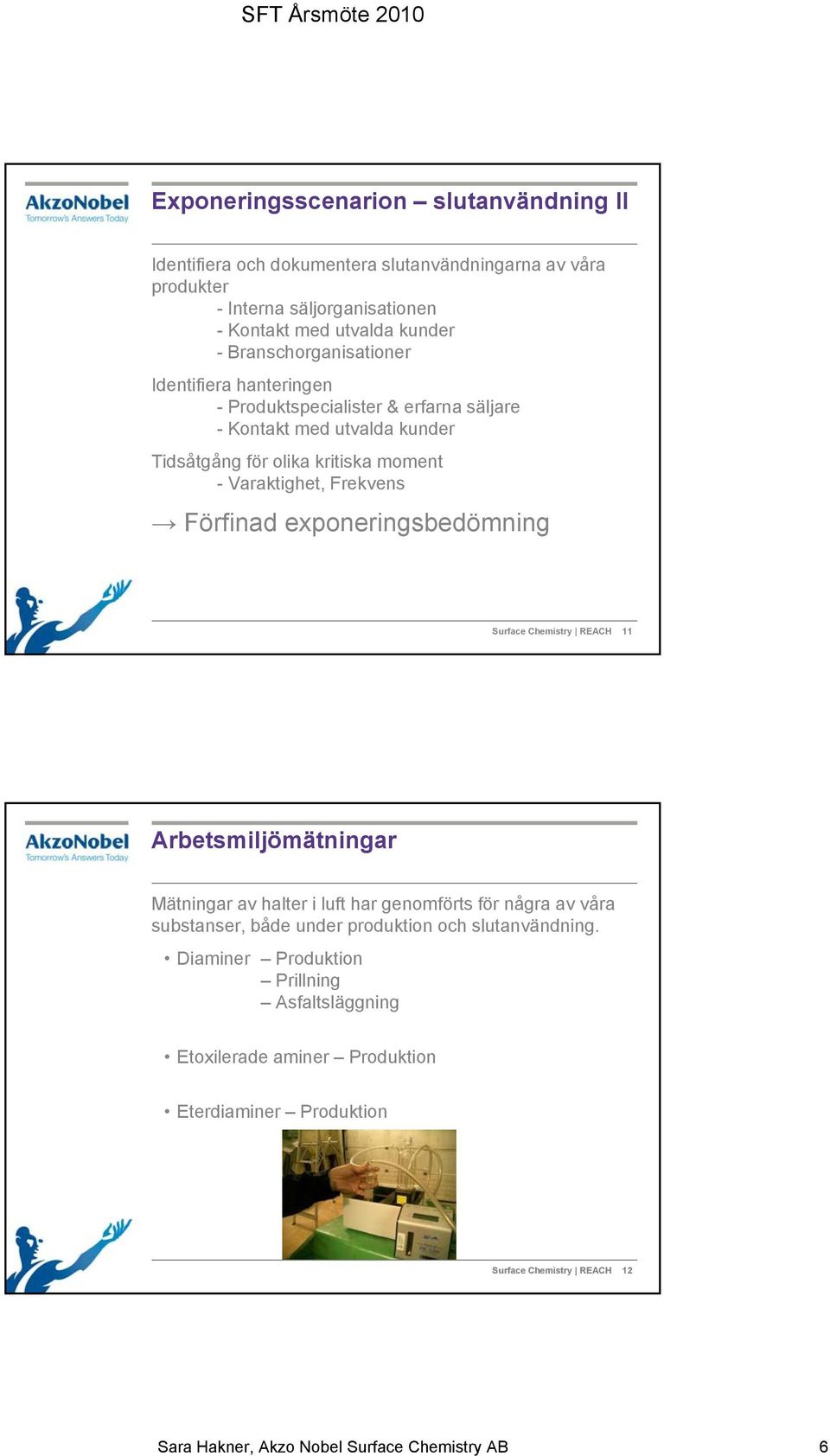 Förfinad exponeringsbedömning Surface Chemistry REACH 11 Arbetsmiljömätningar Mätningar av halter i luft har genomförts för några av våra substanser, både under produktion och