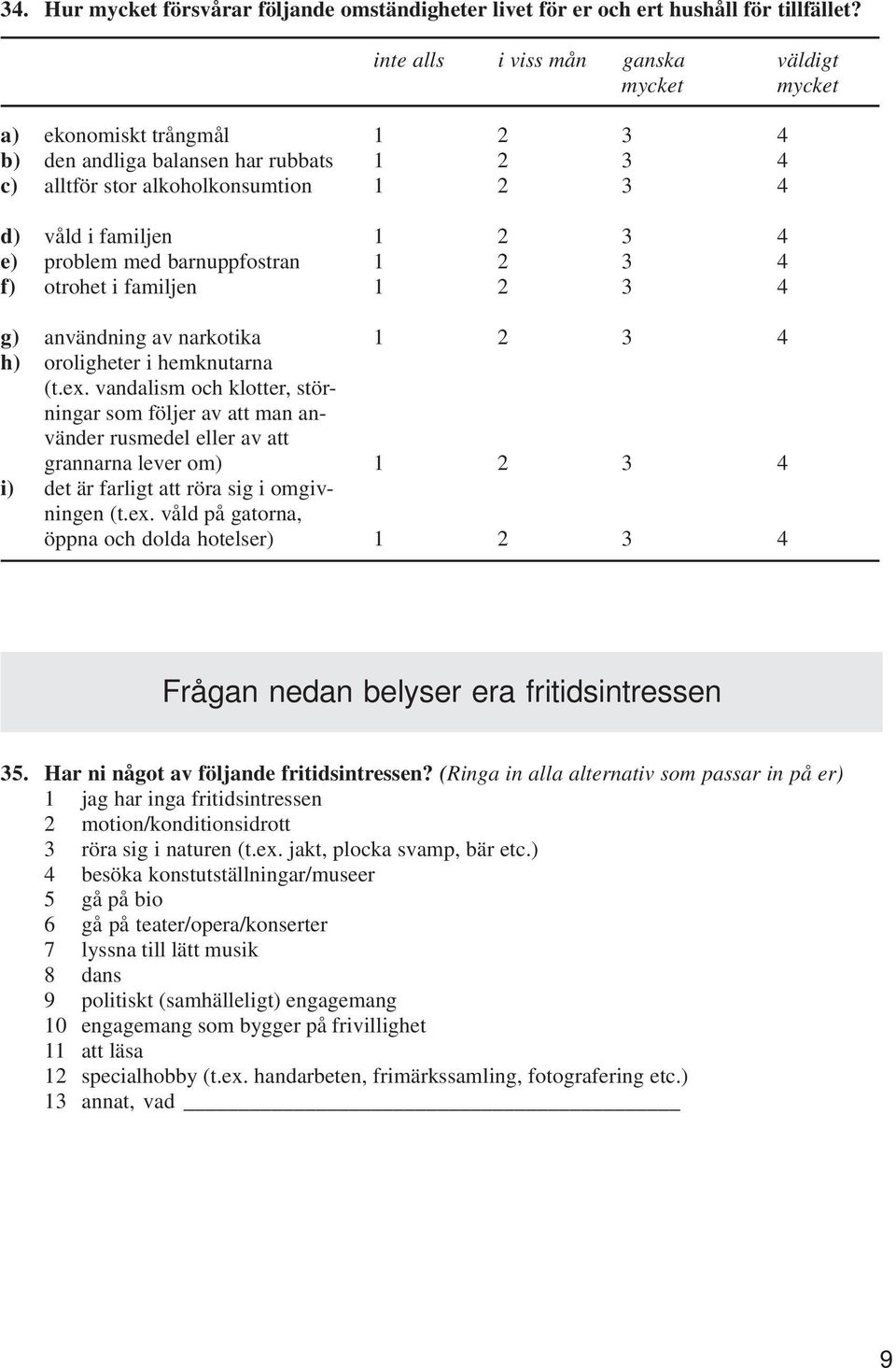 problem med barnuppfostran 1 2 3 4 f) otrohet i familjen 1 2 3 4 g) användning av narkotika 1 2 3 4 h) oroligheter i hemknutarna (t.ex.