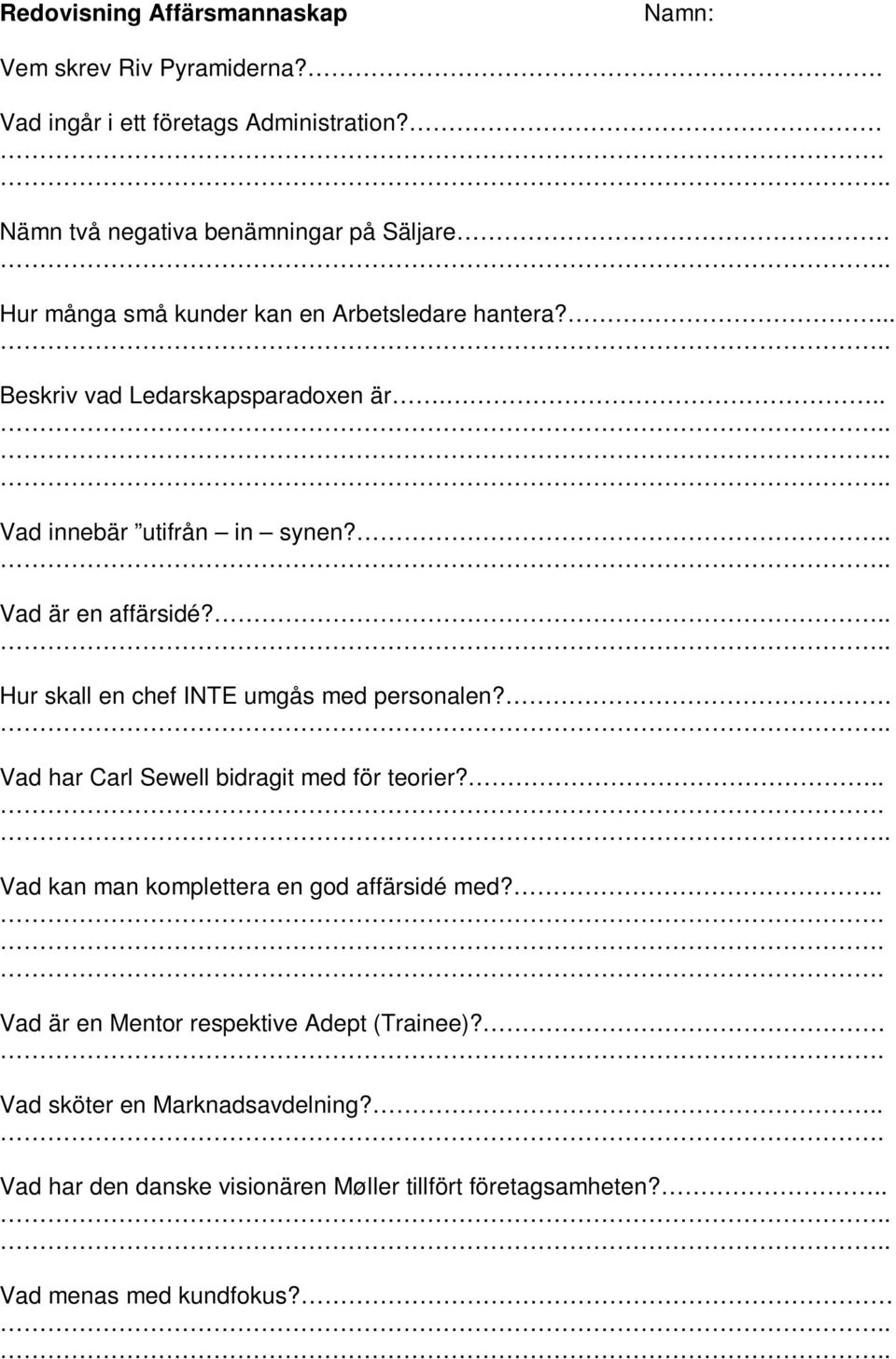 .... Hur skall en chef INTE umgås med personalen?... Vad har Carl Sewell bidragit med för teorier?..... Vad kan man komplettera en god affärsidé med?