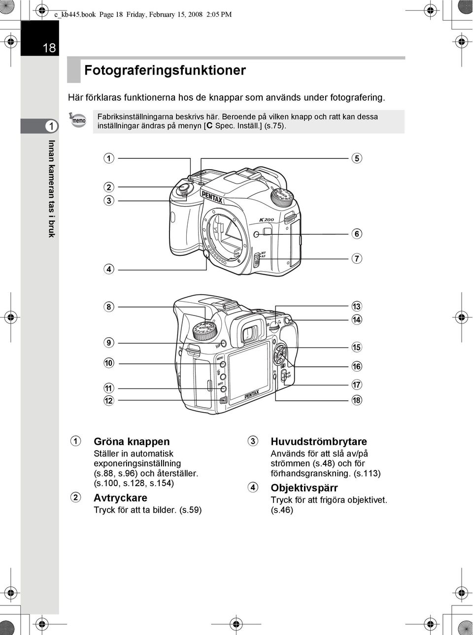 Innan kameran tas i bruk 1 2 3 5 6 4 7 8 9 0 a b c d e f g h 1 Gröna knappen Ställer in automatisk exponeringsinställning (s.88, s.96) och återställer. (s.100, s.