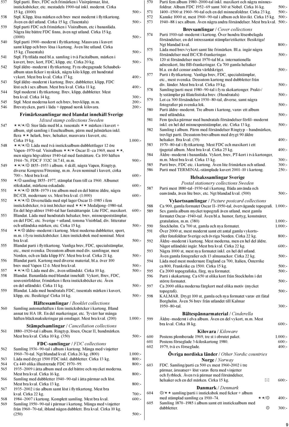 Några lite bättre FDC finns, även ngt utland. Cirka 15 kg. (1000) 500:- 540 Stpl parti 1900 modernt i flyttkartong. Massvara i kuvert samt klipp och brev lösa i kartong. Även lite utland. Cirka 15 kg. (Tusentals) 500:- 541 Stpl.