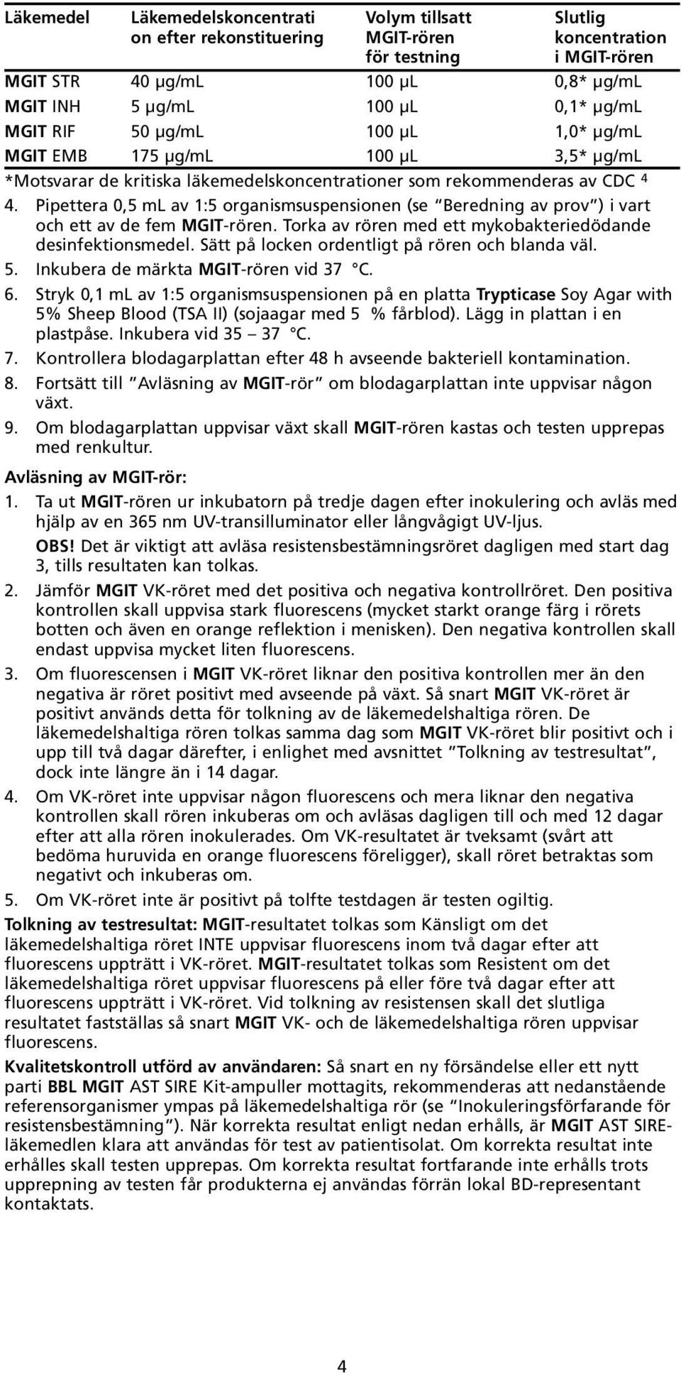 organismsuspensionen (se Beredning av prov ) i vart och ett av de fem MGIT-rören Torka av rören med ett mykobakteriedödande desinfektionsmedel Sätt på locken ordentligt på rören och blanda väl 5