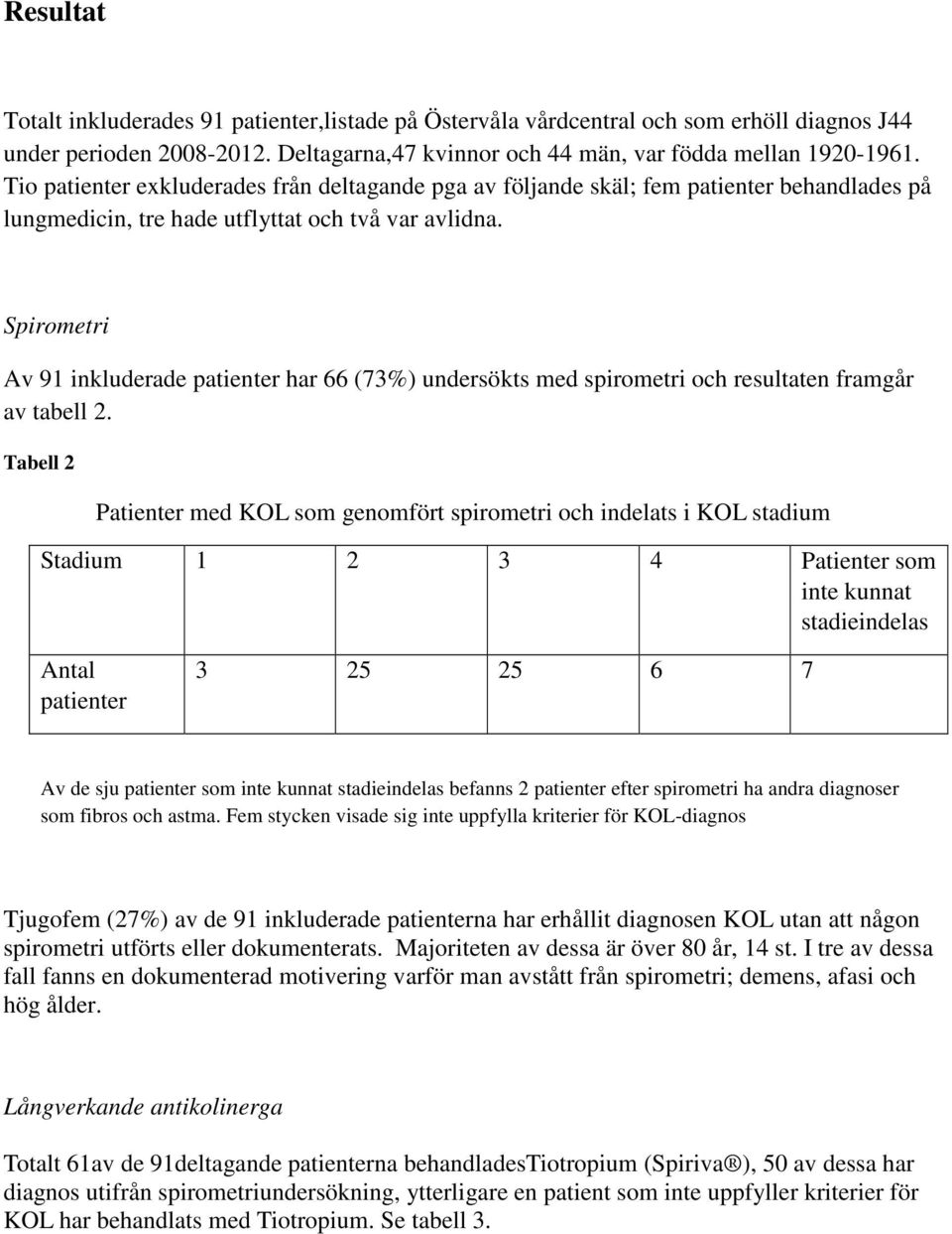 Spirometri Av 91 inkluderade patienter har 66 (73%) undersökts med spirometri och resultaten framgår av tabell 2.