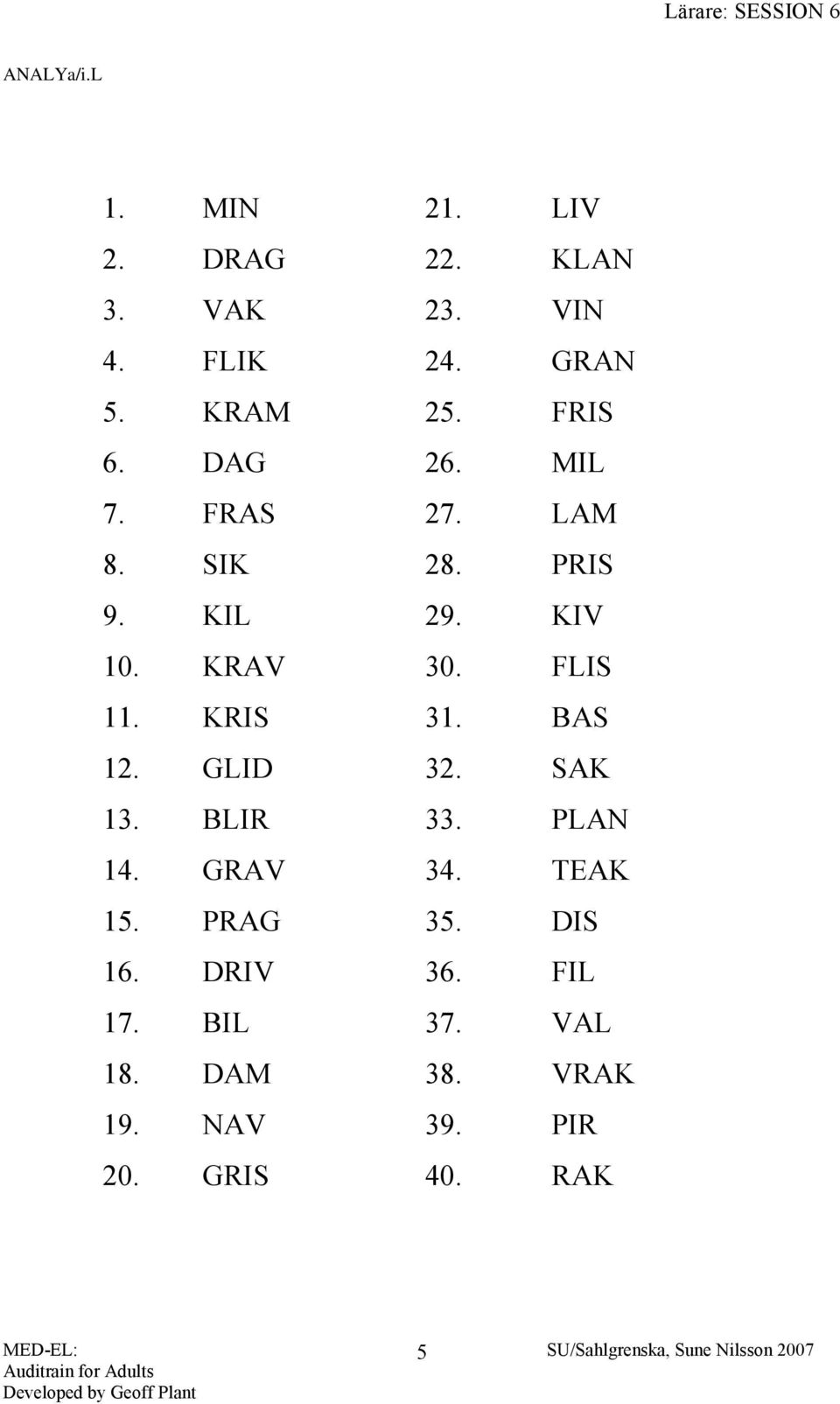 FLIS 11. KRIS 31. BAS 12. GLID 32. SAK 13. BLIR 33. PLAN 14. GRAV 34. TEAK 15.