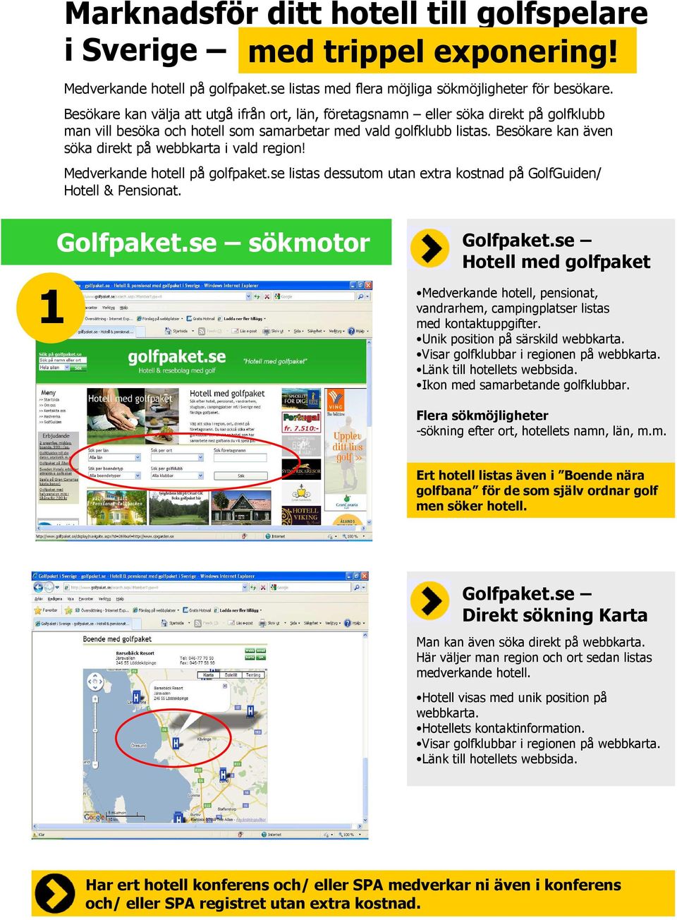 Besökare kan även söka direkt på webbkarta i vald region! Medverkande hotell på golfpaket.se listas dessutom utan extra kostnad på GolfGuiden/ Hotell & Pensionat. 1 Golfpaket.se sökmotor Golfpaket.