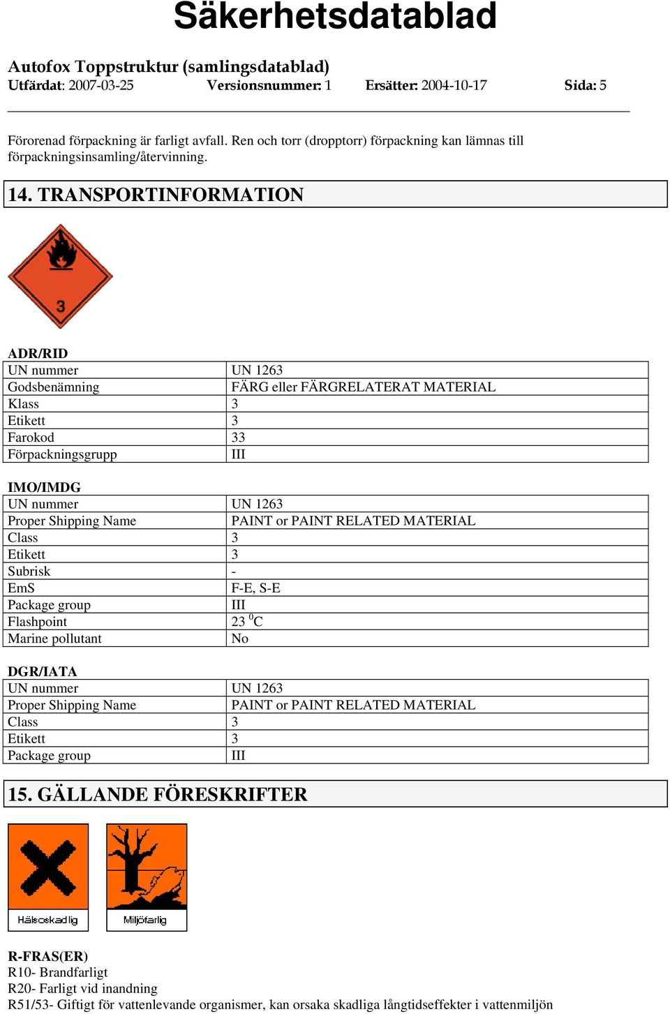 or PAINT RELATED MATERIAL Class 3 Etikett 3 Subrisk - EmS F-E, S-E Package group III Flashpoint 23 0 C Marine pollutant No DGR/IATA UN nummer UN 1263 Proper Shipping Name PAINT or PAINT RELATED