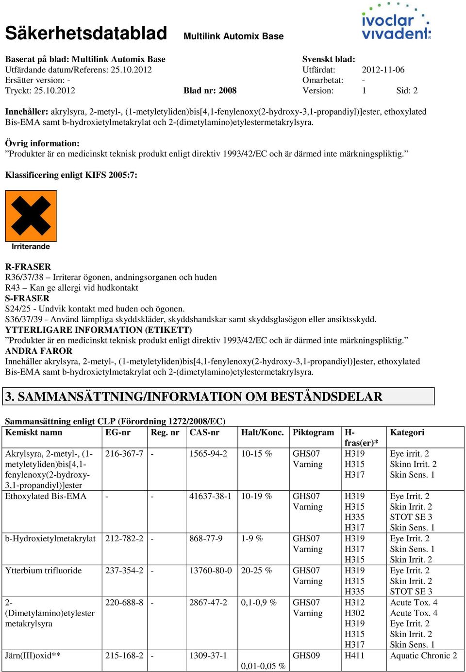 2(dimetylamino)etylestermetakrylsyra. Övrig information: Produkter är en medicinskt teknisk produkt enligt direktiv 1993/42/EC och är därmed inte märkningspliktig.