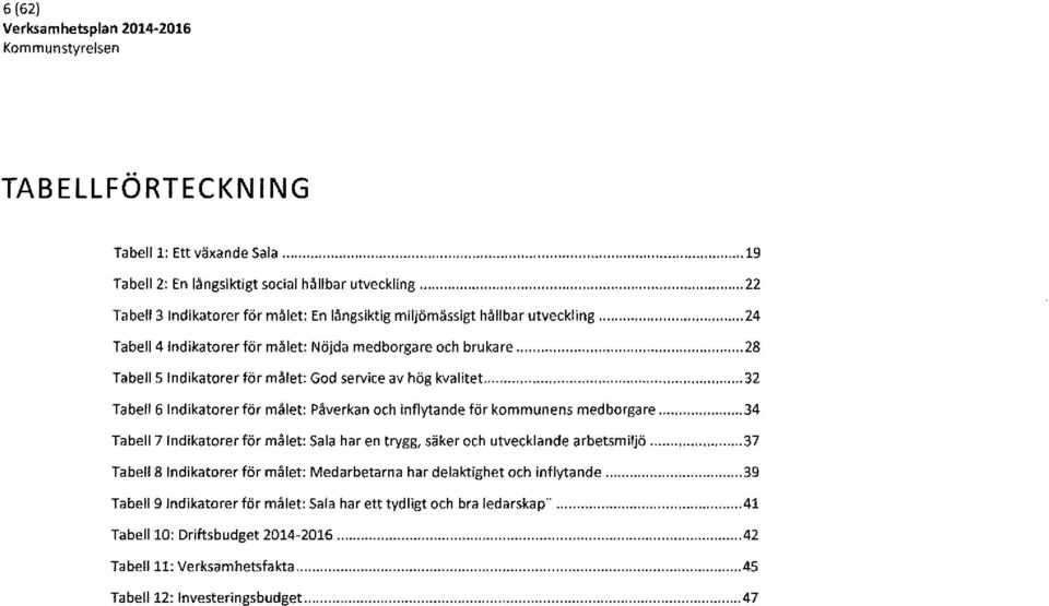 Tabell 5 Indikatorer för målet: God service av hög kvalitet.... 19... 22... 24... 28..32 Tabell 6 Indikatorer för målet: Påverkan och inflytande för kommunens medborgare.