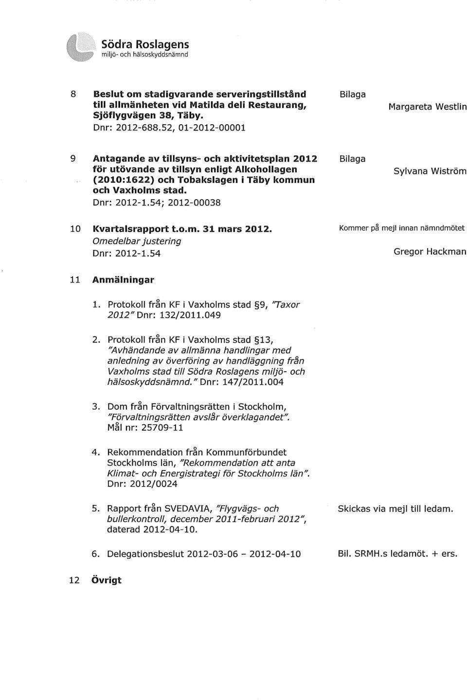 Dnr: 2012-1.54; 2012-00038 Bilaga Sylvana Wiström 10 Kvartalsrapport t.o.m. 31 mars 2012. Omedelbar justering Dnr: 2012-1.54 Kommer på mejl innan nämnd mötet Gregor Hackman 11 Anmälningar 1.