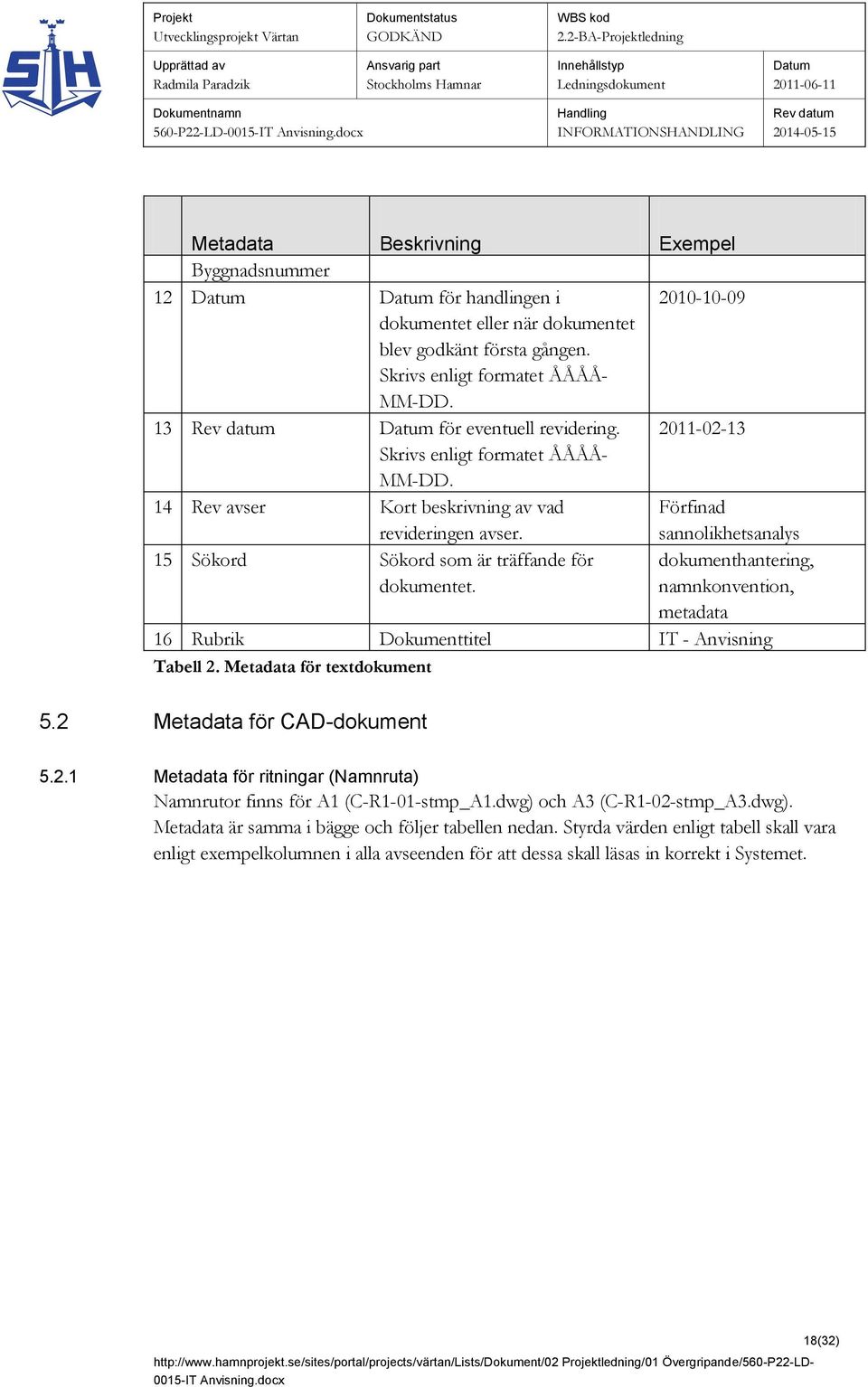 dokumenthantering, namnkonvention, metadata 16 Rubrik Dokumenttitel IT - Anvisning Tabell 2. Metadata för textdokument 5.2 Metadata för CAD-dokument 5.2.1 Metadata för ritningar (Namnruta) Namnrutor finns för A1 (C-R1-01-stmp_A1.