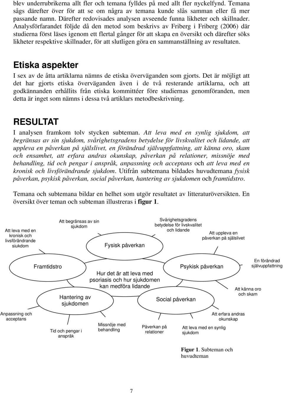 Analysförfarandet följde då den metod som beskrivs av Friberg i Friberg (2006) där studierna först läses igenom ett flertal gånger för att skapa en översikt och därefter söks likheter respektive