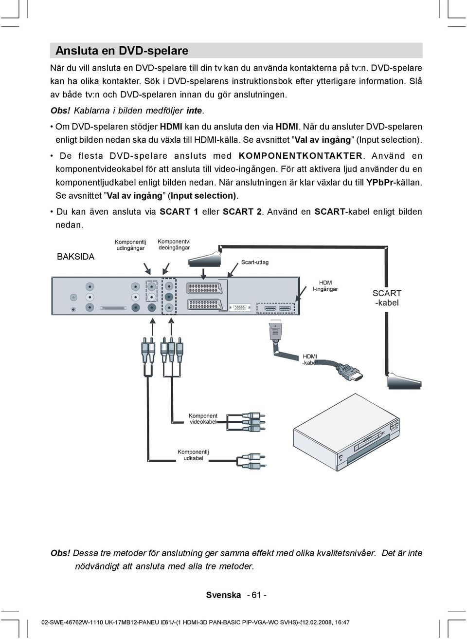 Om DVD-spelaren stödjer HDMI kan du ansluta den via HDMI. När du ansluter DVD-spelaren enligt bilden nedan ska du växla till HDMI-källa. Se avsnittet Val av ingång (Input selection).