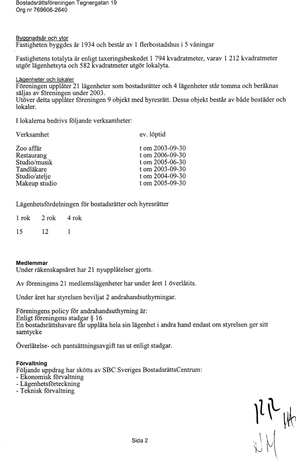 Ltiqenheter och lokaler Fdreningen upplater 21 liigenheter som bostadsriitter och 4 lsgenheter stir tomma och berliknas siiljas av fdreningen under 2003.