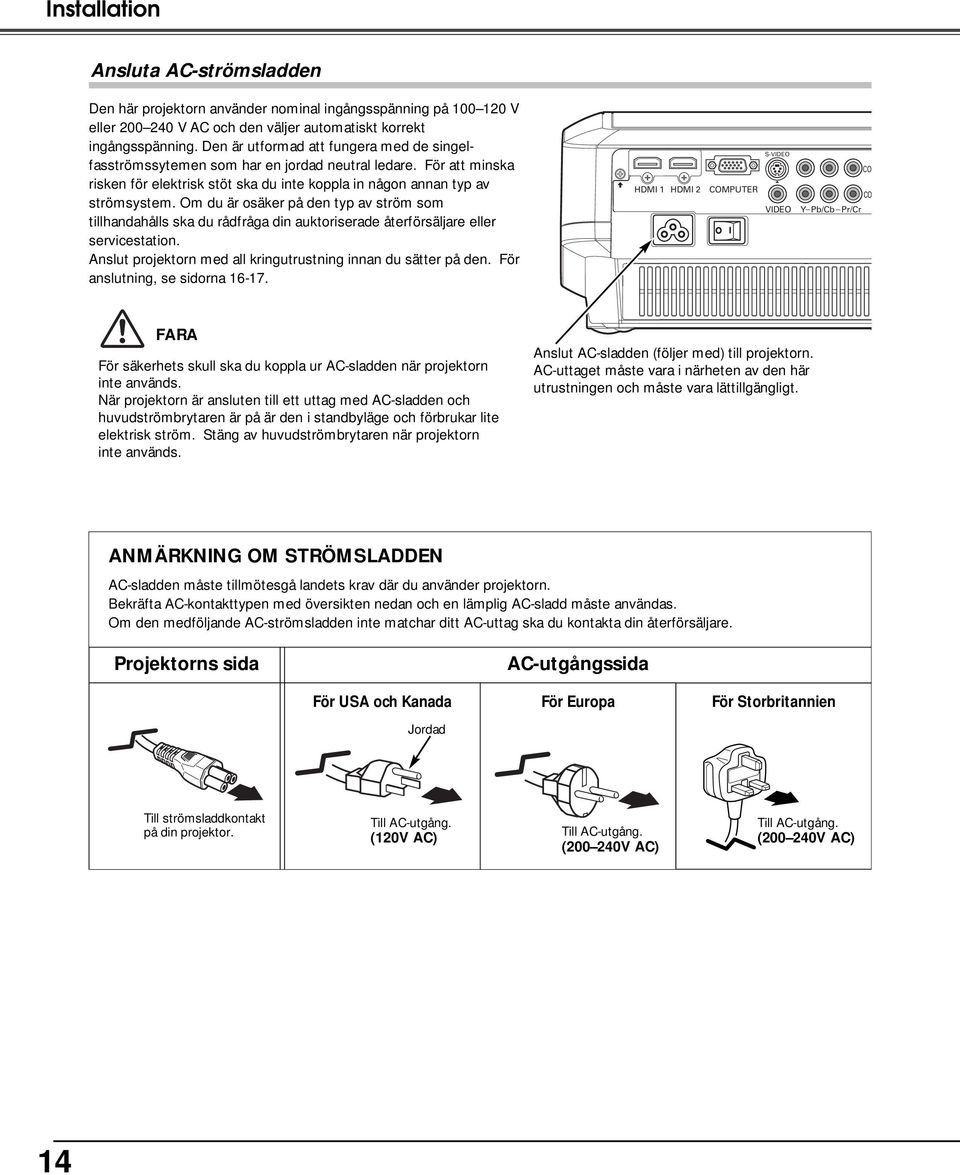 Om du är osäker på den typ av ström som tillhandahålls ska du rådfråga din auktoriserade återförsäljare eller servicestation. Anslut projektorn med all kringutrustning innan du sätter på den.