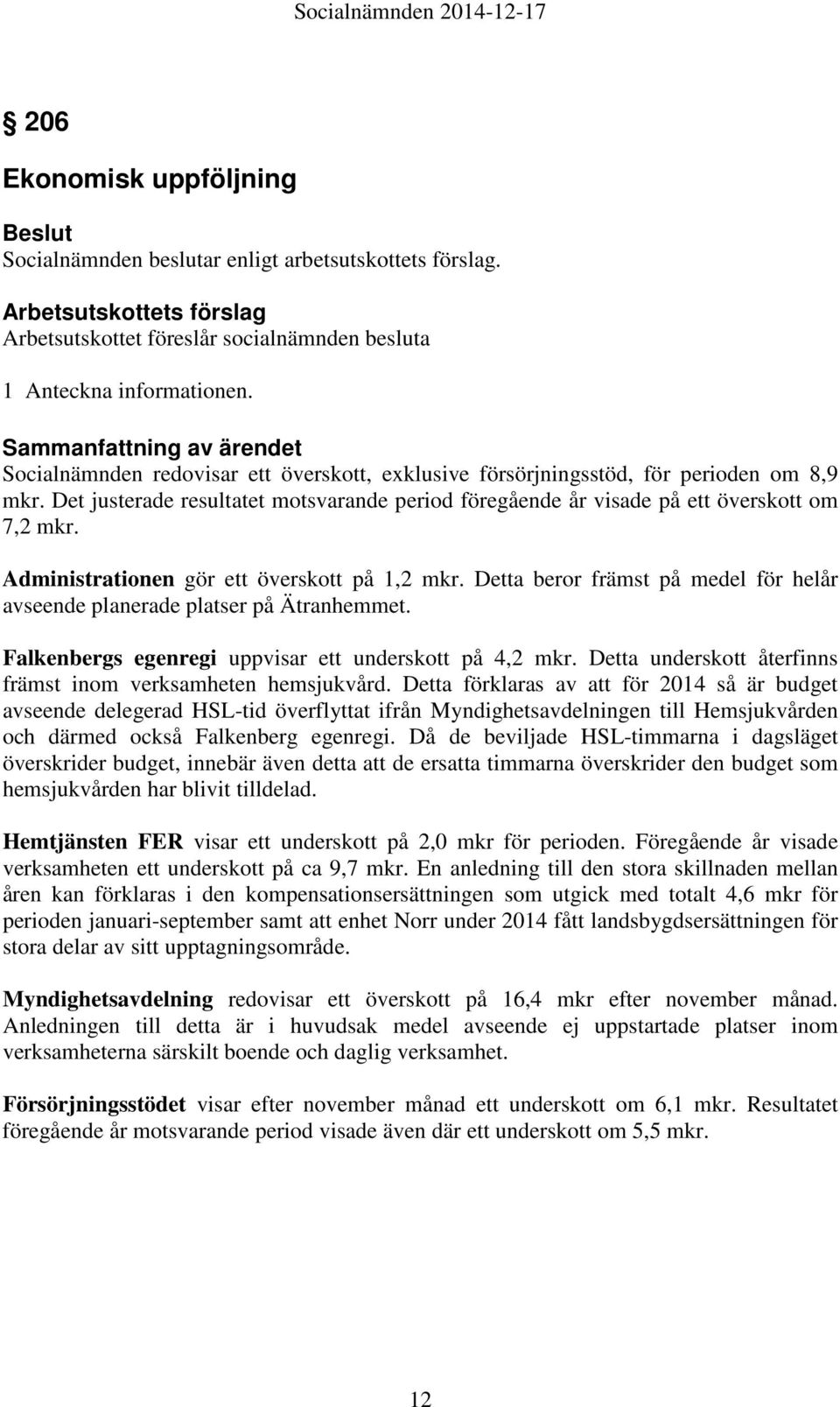 Administrationen gör ett överskott på 1,2 mkr. Detta beror främst på medel för helår avseende planerade platser på Ätranhemmet. Falkenbergs egenregi uppvisar ett underskott på 4,2 mkr.