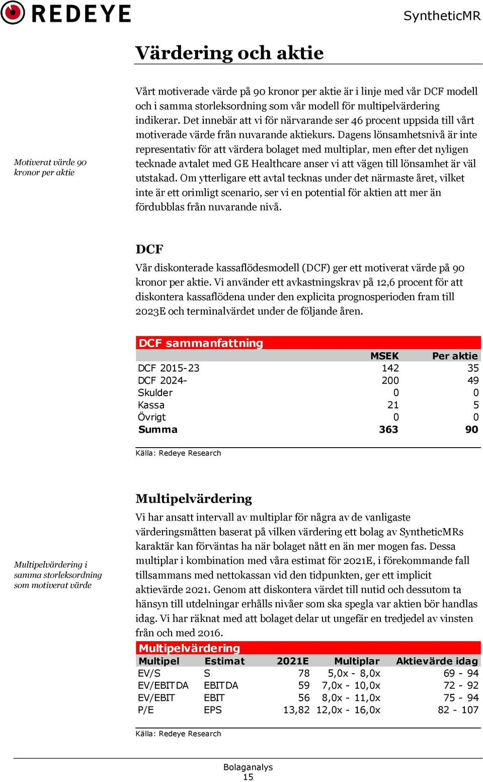 Dagens lönsamhetsnivå är inte representativ för att värdera bolaget med multiplar, men efter det nyligen tecknade avtalet med GE Healthcare anser vi att vägen till lönsamhet är väl utstakad.