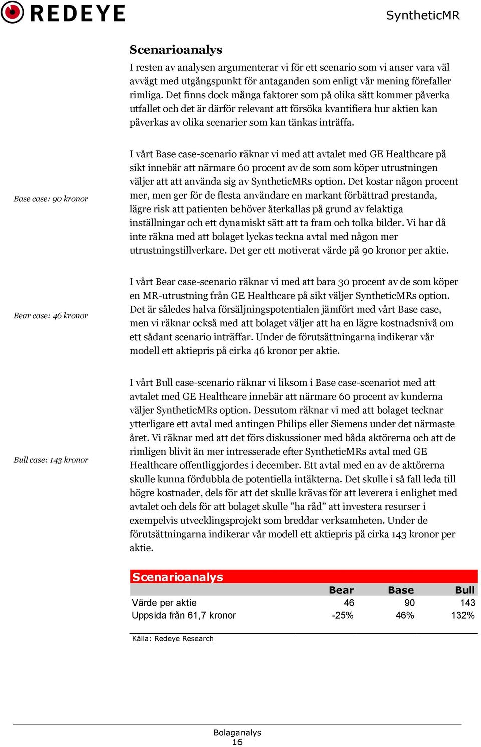 Base case: 90 kronor I vårt Base case-scenario räknar vi med att avtalet med GE Healthcare på sikt innebär att närmare 60 procent av de som som köper utrustningen väljer att att använda sig av