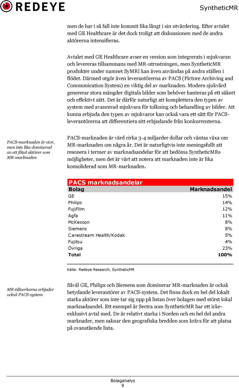 flödet. Därmed utgör även leverantörerna av PACS (Picture Archiving and Communication System) en viktig del av marknaden.