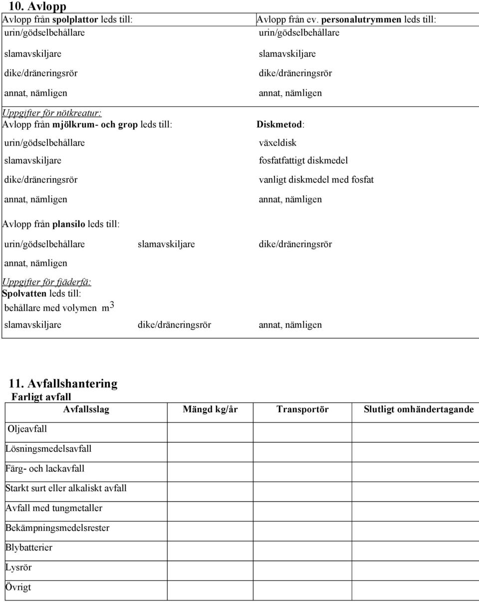 till: Diskmetod: urin/gödselbehållare växeldisk slamavskiljare fosfatfattigt diskmedel dike/dräneringsrör vanligt diskmedel med fosfat Avlopp från plansilo leds till: urin/gödselbehållare