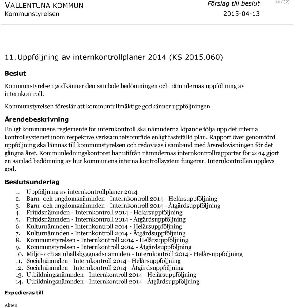 Enligt kommunens reglemente för internkontroll ska nämnderna löpande följa upp det interna kontrollsystemet inom respektive verksamhetsområde enligt fastställd plan.
